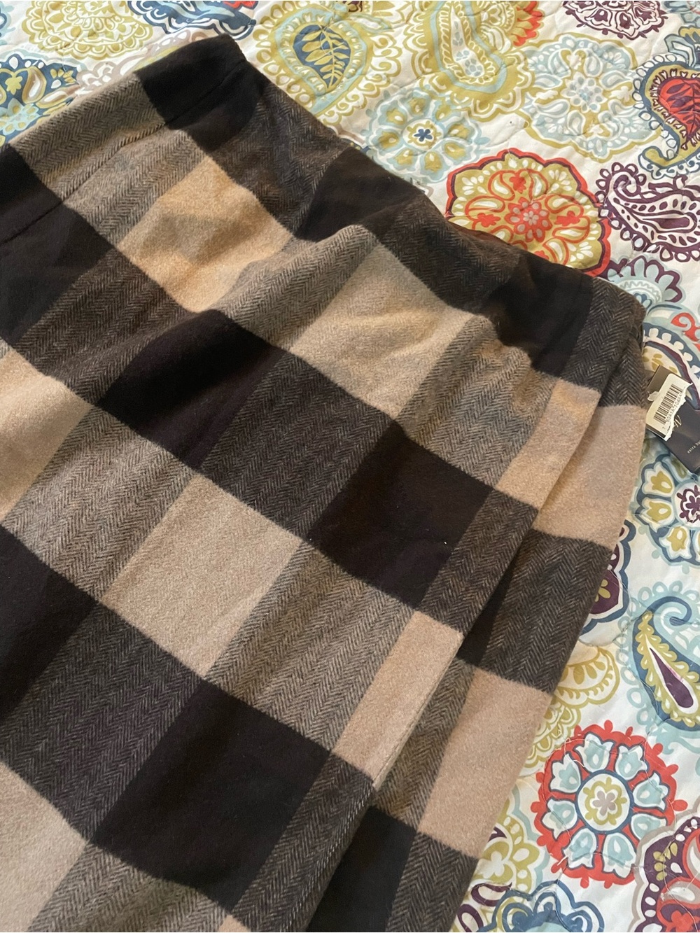 Plaid A-Line Midi Skirt in Beige and Black